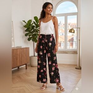 Floral Black Wide-Leg Pants